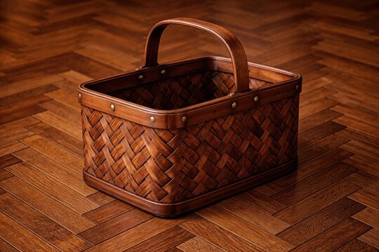 Woven Wooden Basket on a Polished Hardwood Floor