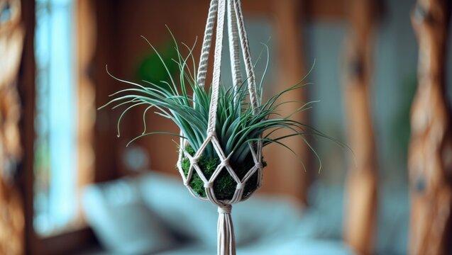 Hanging Plant in Macrame Holder Decor in Cozy Indoor Setting