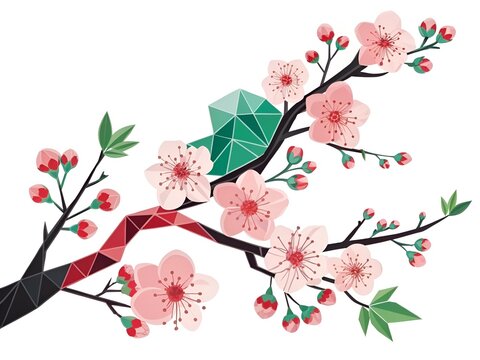 Cherry blossom branch with geometric bird during spring with soft lighting and clean background