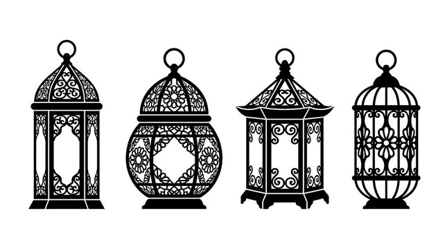 Four black lantern silhouettes with intricate patterns.