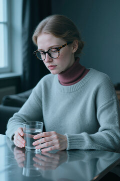 Vertical shot of Caucasian young adult woman holding glass of water and looking down thoughtfully, suggesting stress or fatigue. Useful for mental health, burnout, wellness campaigns