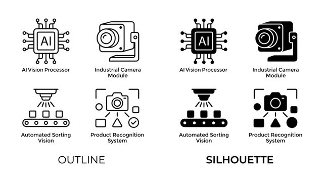 AI Vision System Icons: A set of stylized icons representing an AI vision processor, industrial camera module, automated sorting vision, and product recognition system.
