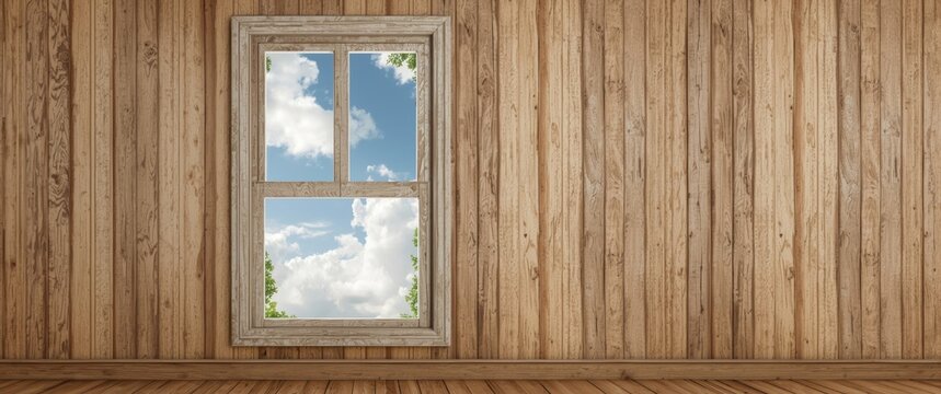 Wooden Room Interior with Window Framing Blue Sky and Clouds