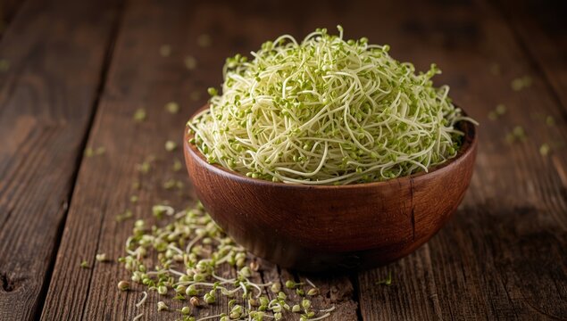 Fresh Bean Sprouts Piled in a Wooden Bowl on a Rustic Table