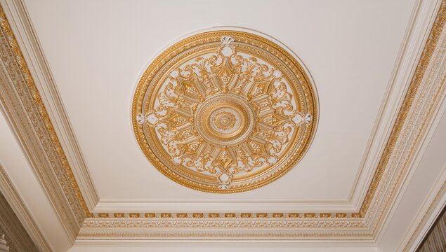 Ornate Ceiling Medallion with Intricate Gold Detailing in Elegant Room
