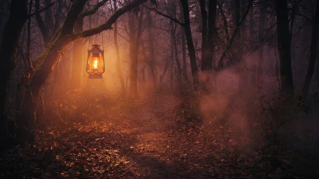 Glowing lantern hanging from a tree in a dark foggy forest while mist slowly moves through the woodland path