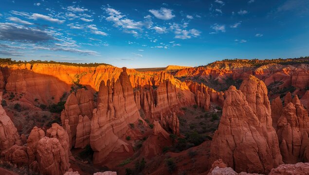 Red Rock Formations Under a Blue Sky at Sunset in a Canyon Landscape