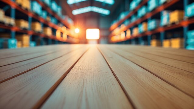 Wood table in warehouse storage with a blurred background and empty space on the table for product display mockup. Hardware goods distribution and industrial logistics concept.