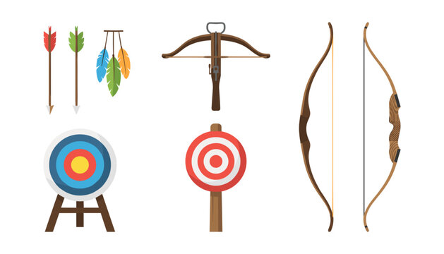 Traditional Archery Weapon and Target Vector Icon Set Featuring Longbow, Recurve Bow, Crossbow, Wood Arrows, Feathers, and Bullseye Stand Elements
