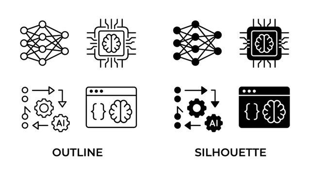 Artificial Intelligence Icons: A set of icons representing artificial intelligence, featuring neural networks, a brain chip, and code snippets, available in both outline and silhouette styles.