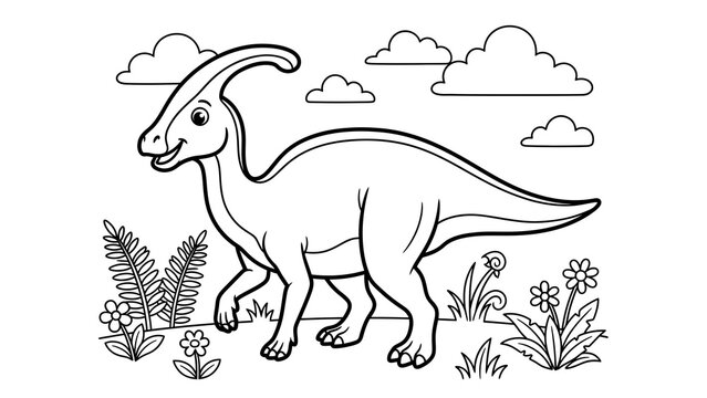 Cute parasaurolophus dinosaur coloring page for kids featuring a friendly prehistoric creature in a nature landscape setting