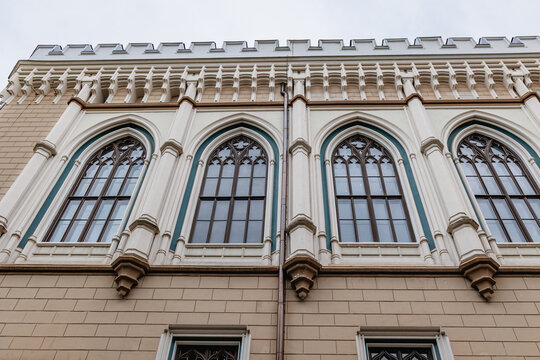Neo Gothic windows of the Great Guild on Amatu iela in Old Town Riga, Latvia
