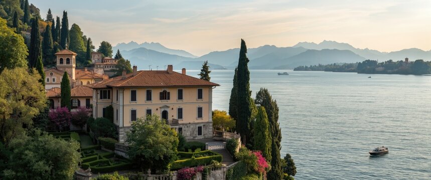 Italian Villa on Lakeshore with Mountains in Background at Sunset