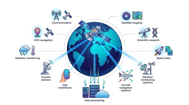Global satellite network and data cloud connectivity infographic showing digital infrastructure