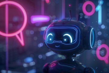 Fototapeta premium Cute artificial intelligence robot interacting with digital elements in a neon illuminated city