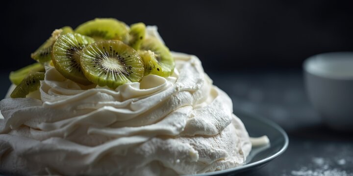 Pavlova Dessert Topped with Sliced Kiwi on a Dark Background