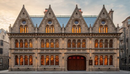 Obraz premium Historic Building with Intricate Architecture and Warm Sunset Glow