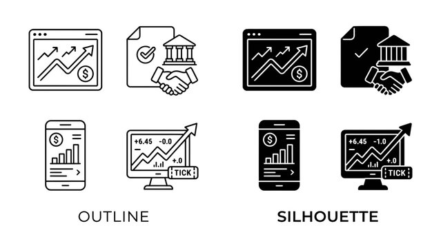 Financial Icons: A collection of stylized icons representing financial growth, bank services, and mobile trading, available in both outline and silhouette versions.
