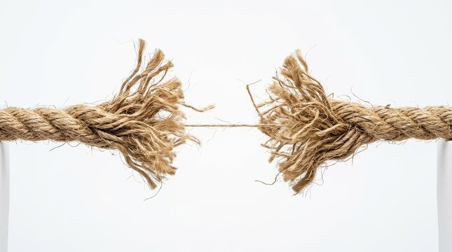Frayed Rope About to Break Symbolizing Stress, Tension, and Reaching the Breaking Point on White Background