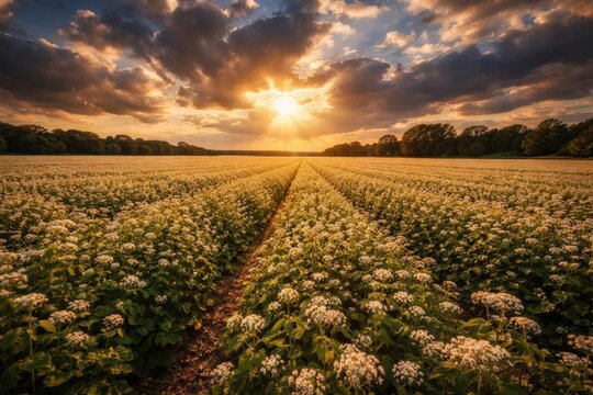 Sunset Over Flowering Buckwheat Field with Dramatic Clouds and Golden Light