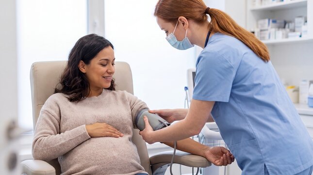 prenatal checkup nurse pregnant woman fetal heartbeat monitor clinic healthcare Medical professional places a handheld listening device on an expectant belly during routine maternity assessment