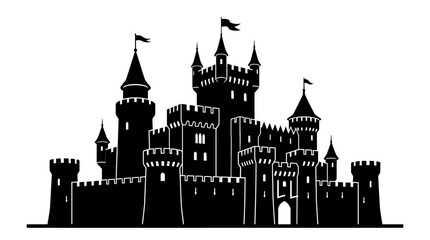 Fototapeta premium Detailed castle with multiple towers appears as a black silhouette