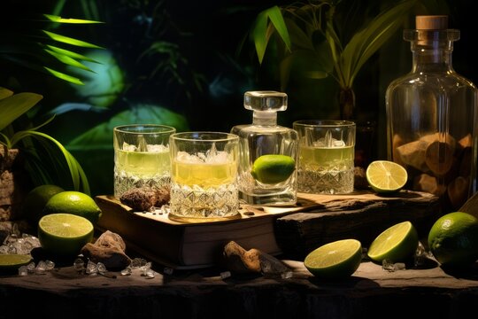 Crystal glasses filled with refreshing cocktails, lime wedges, ice, and a decanter create a tropical ambiance