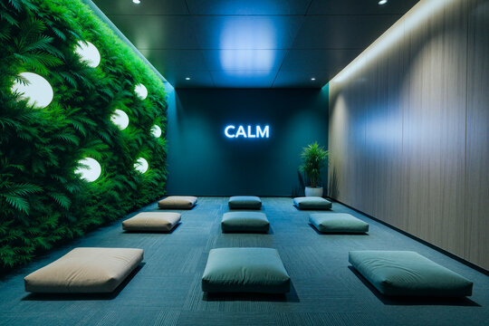 Wide angle view of meditation room featuring floor cushions, living plant wall, glowing calm sign, supporting mindfulness practice. Ideal for wellness branding, office wellbeing campaigns