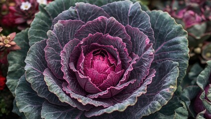 Fototapeta premium Vibrant Purple Cabbage Closeup in Garden Setting with Green Leaves