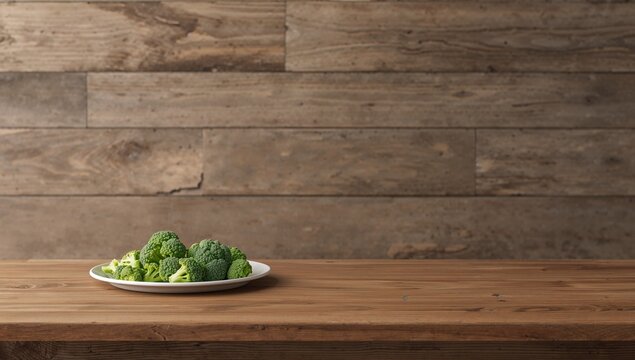 Fresh Broccoli on a White Plate against a Rustic Wooden Background