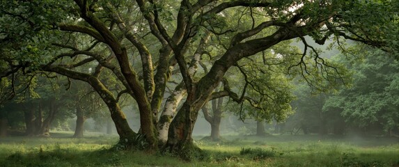 Naklejka premium Majestic Tree with Sprawling Branches in a Lush Misty Forest
