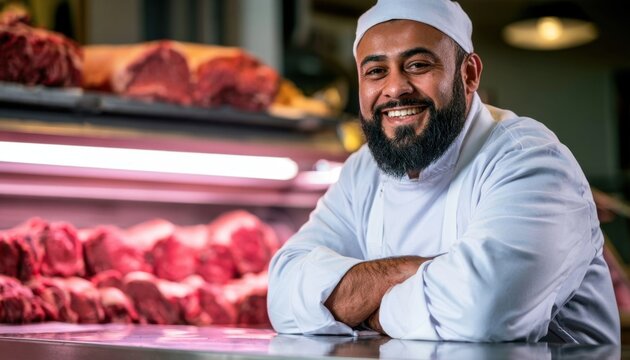 Bearded male butcher in white uniform smiling at camera with arms crossed in front of meat display case