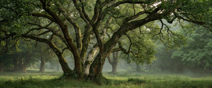 Majestic Tree with Sprawling Branches in a Lush Misty Forest