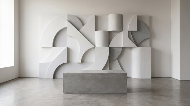 Minimalist white podium with abstract geometric shapes. Modern display stand for product showcases and elegant decor presentations.