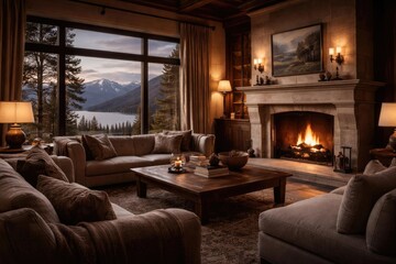 Fototapeta premium Cozy Living Room with Mountain View and Fireplace at Sunset