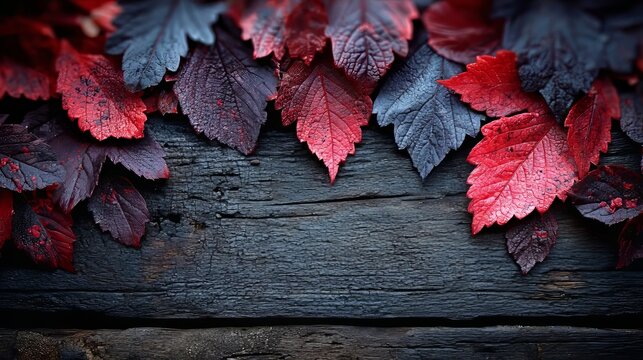 Autumn Background with Vibrant Colorful Fallen Leaves Resting over Dark Rustic Weathered Timber Flr