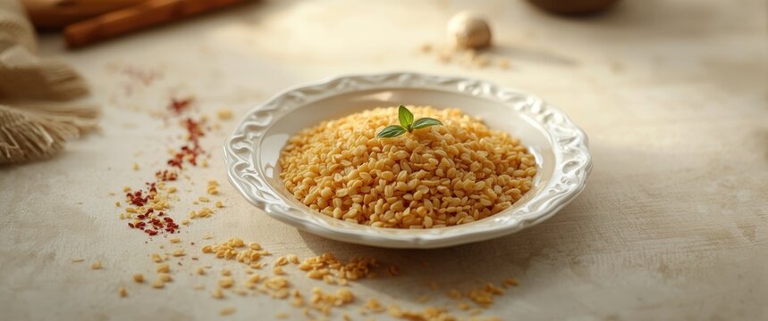 Bowl of Golden Bulgur Wheat with Fresh Herb on Rustic Table