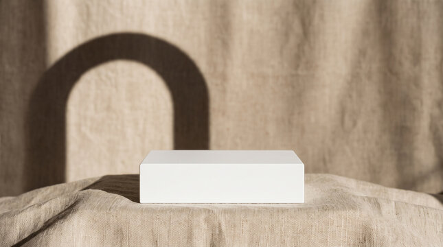 Minimalist beige podium on textured fabric background. Blank white display stand for product showcase or presentation.