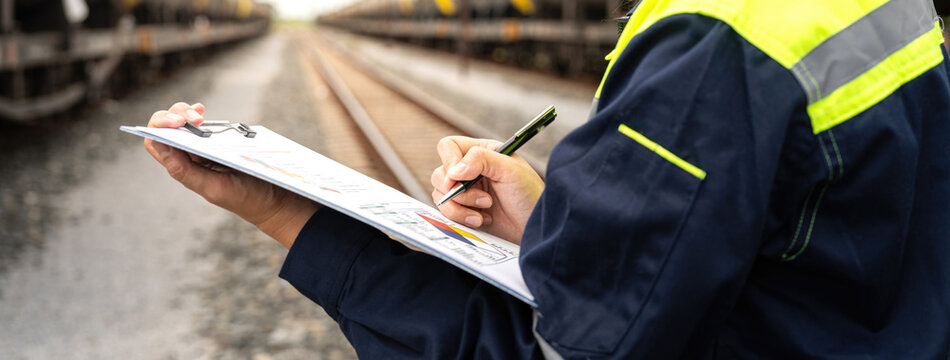 A safety officer is checking on hazardous chemical material checklist for risk assessment before tranportation the dangerous good with train tanker railway background. Industrail working scene.