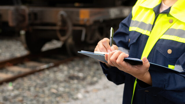 A safety officer is checking on hazardous chemical material checklist for risk assessment before tranportation the dangerous good with train tanker railway background. Industrail working scene.