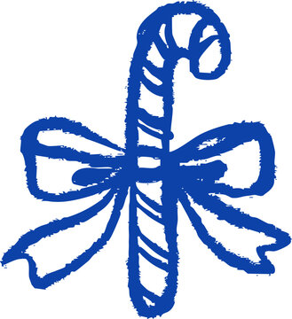 Crayon doodle blue candy cane with bow, festive winter mood. Christmas hand drawn sketch vector illustration