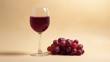 Fototapeta premium Red Wine Glass Next to Fresh Grapes on a Soft Background