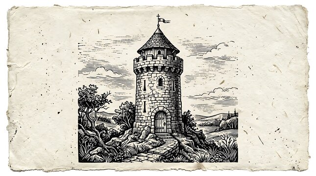 Medieval stone tower woodcut illustration on parchment