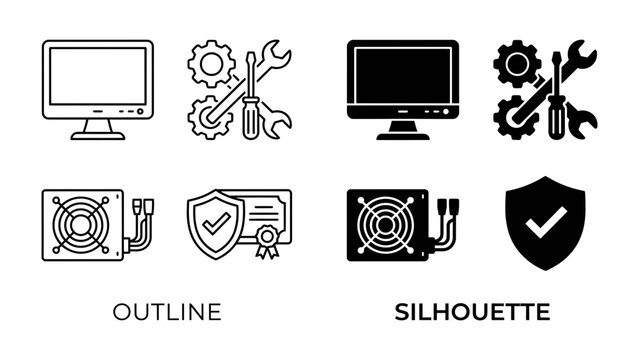 Computer Service Icons: A set of outline and silhouette icons representing computer hardware and repair services, including a monitor, power supply, tools, and a certificate of achievement.