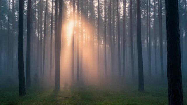 Golden sunbeams pierce through a dense, misty forest canopy illuminating verdant mossy ground with ethereal light creating a breathtaking, atmospheric woodland scene