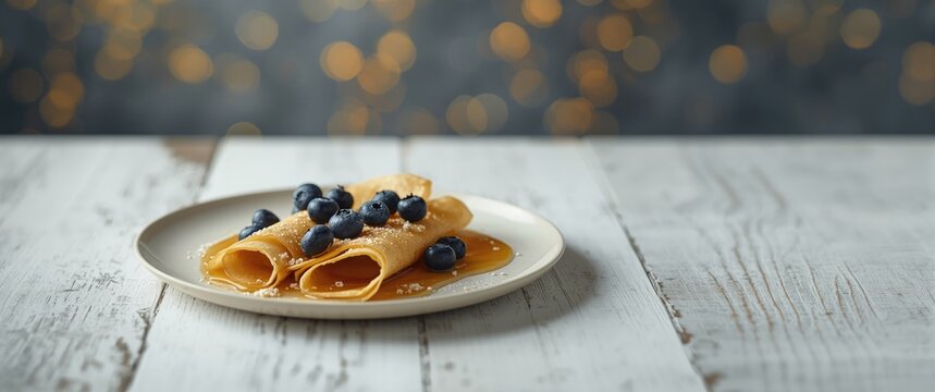 Delicious Crepes Filled with Blueberries and Drizzled with Syrup on a Rustic Table