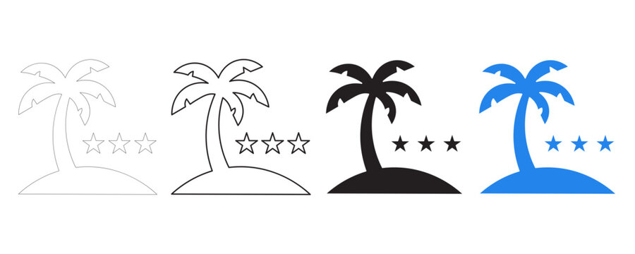 Tropical resort and island palm tree rating icon set featuring star review symbols in outline and solid black vector styles