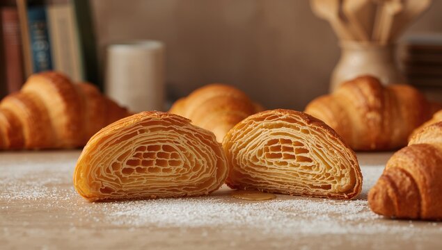 Croissants Cut Open on a Wooden Surface with Powdered Sugar Dusting