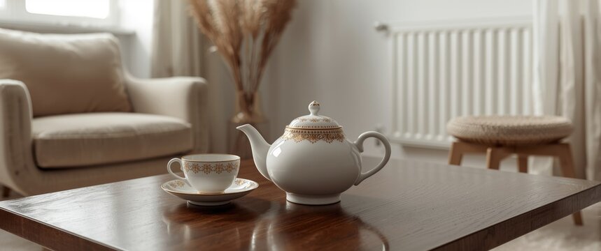 Elegant Teapot and Cup on a Wooden Table in a Cozy Living Room