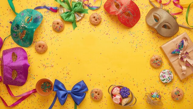 Colorful Mardi Gras Masks and Festive Treats on Yellow Background